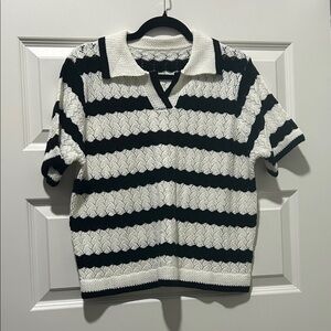 Black & White Striped Polo Knit Top